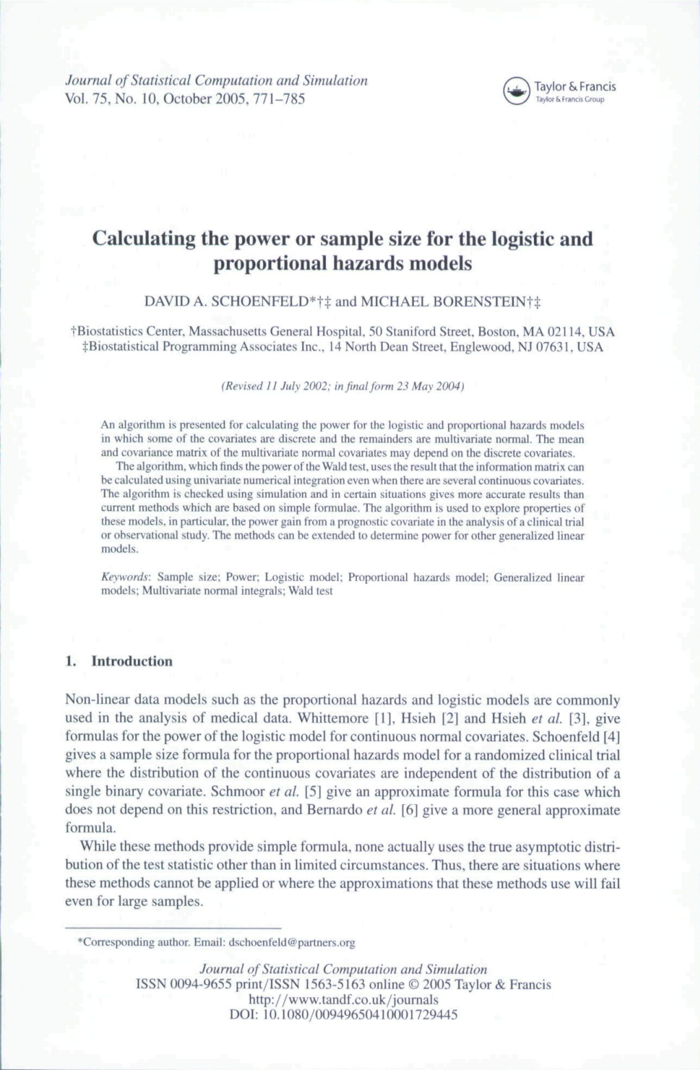 Calculating the Power Or Sample Size for the Logistic and Proportional Hazards Models