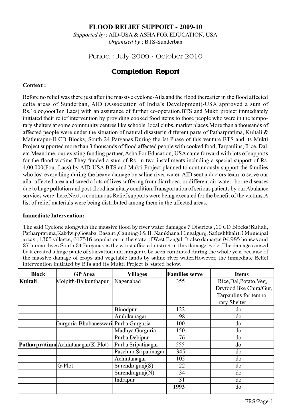 FRS REPORT to AID-ASHA with PHOTOS