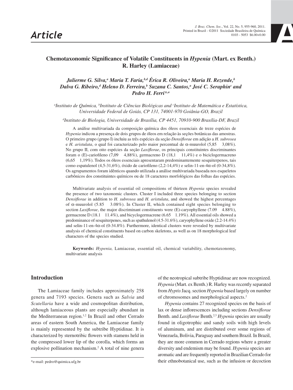 Chemotaxonomic Significance of Volatile Constituents in Hypenia