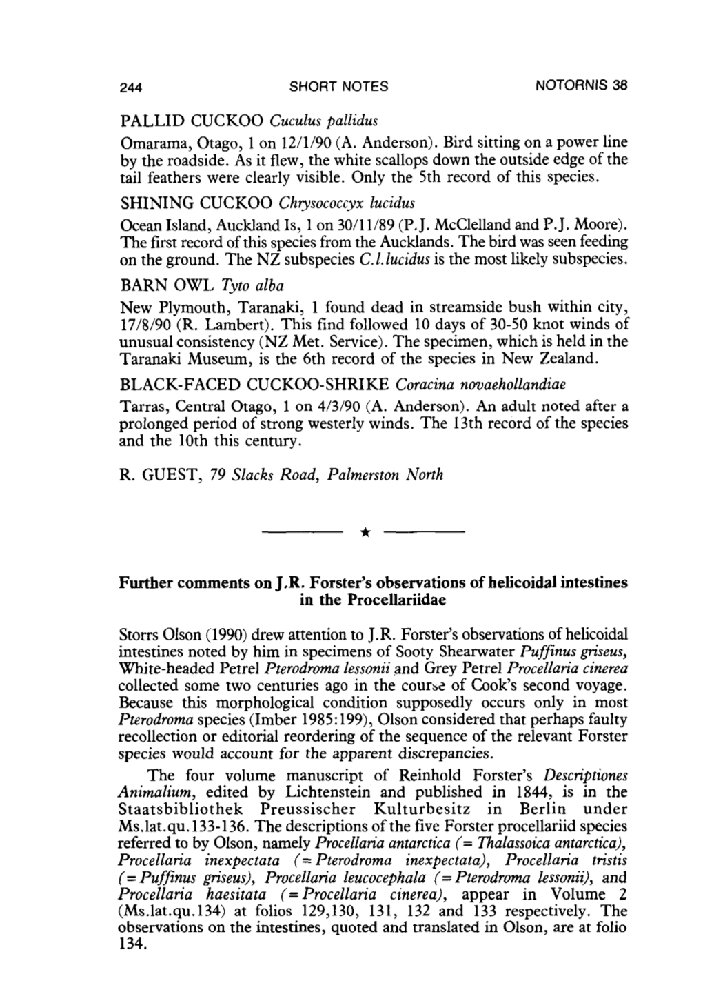 Further Comments on J.R. Forster's Observations of Helicoidal Intestines in the Procellariidae