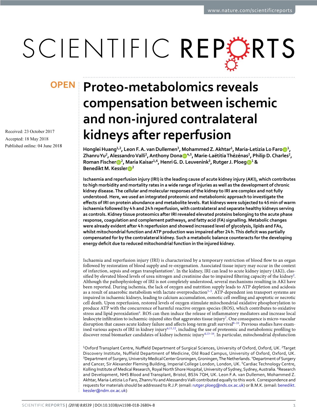 Proteo-Metabolomics Reveals Compensation Between Ischemic and Non-Injured Contralateral Kidneys After Reperfusion