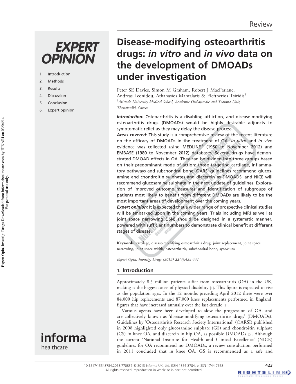 Disease-Modifying Osteoarthritis Drugs: in Vitro and in Vivo Data on the Development of Dmoads 1