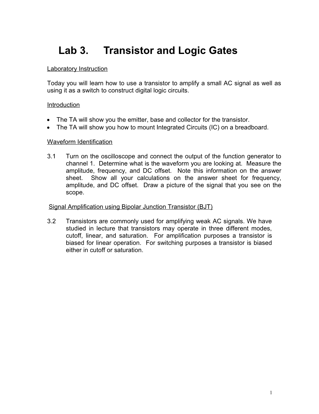 Lab 3. Transistor and Logic Gates