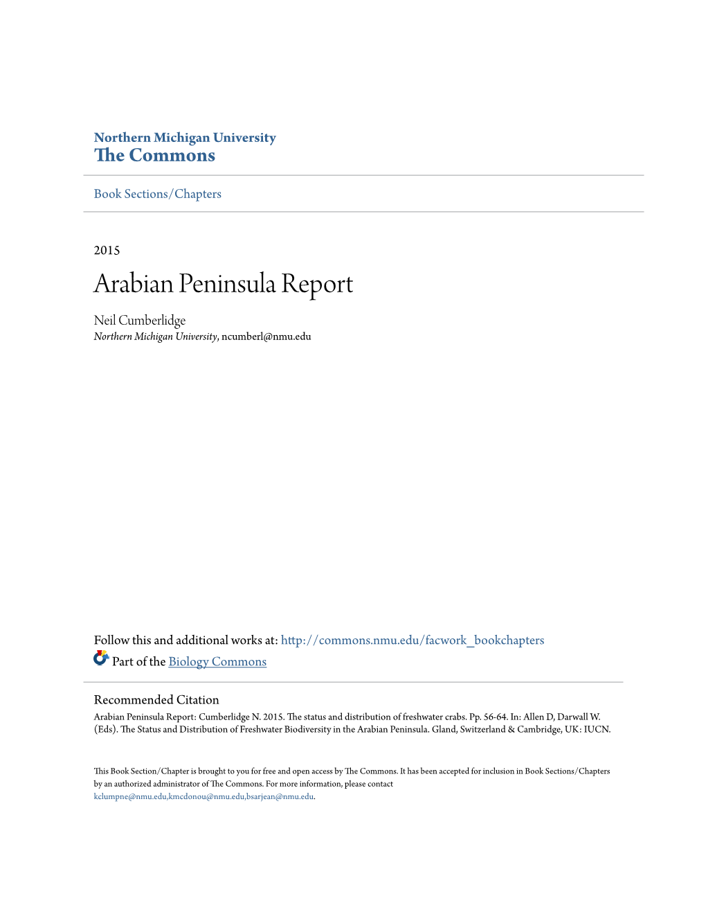 Arabian Peninsula Report Neil Cumberlidge Northern Michigan University, Ncumberl@Nmu.Edu