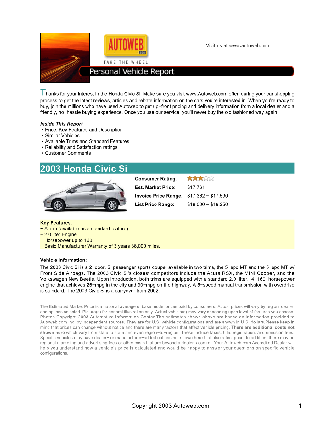 2003 Honda Civic Si Consumer Rating: Est