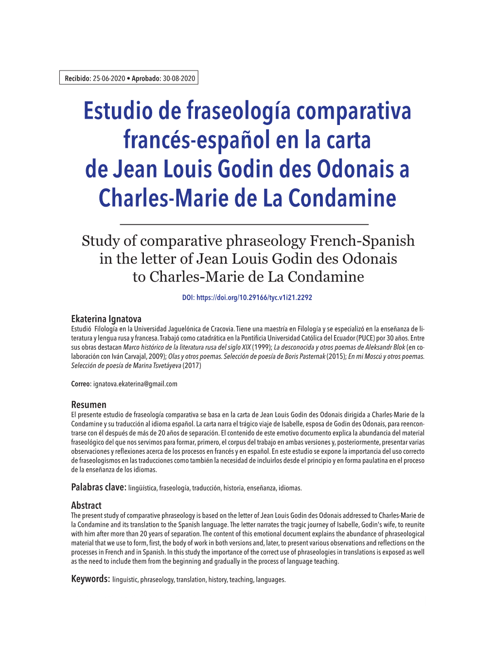 Estudio De Fraseología Comparativa Francés-Español En La Carta De Jean Louis Godin Des Odonais a Charles-Marie De La Condamine