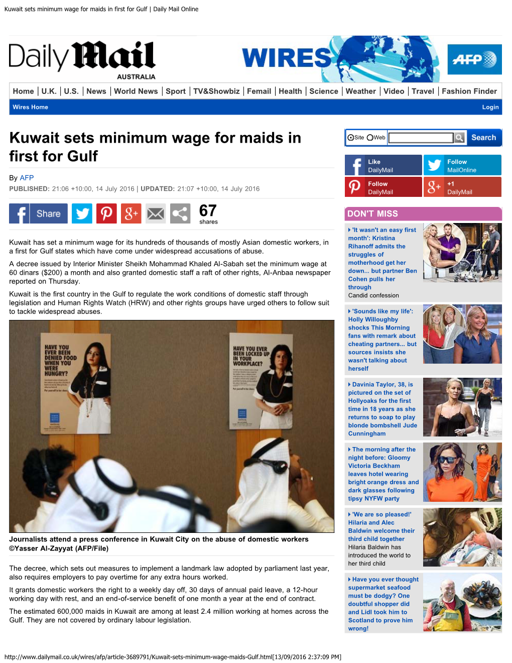 Kuwait Sets Minimum Wage for Maids in First for Gulf | Daily Mail Online