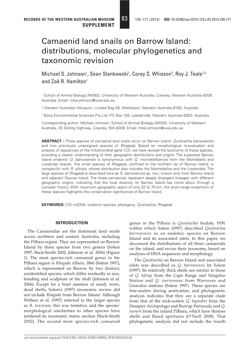 Camaenid Land Snails on Barrow Island: Distributions, Molecular Phylogenetics and Taxonomic Revision