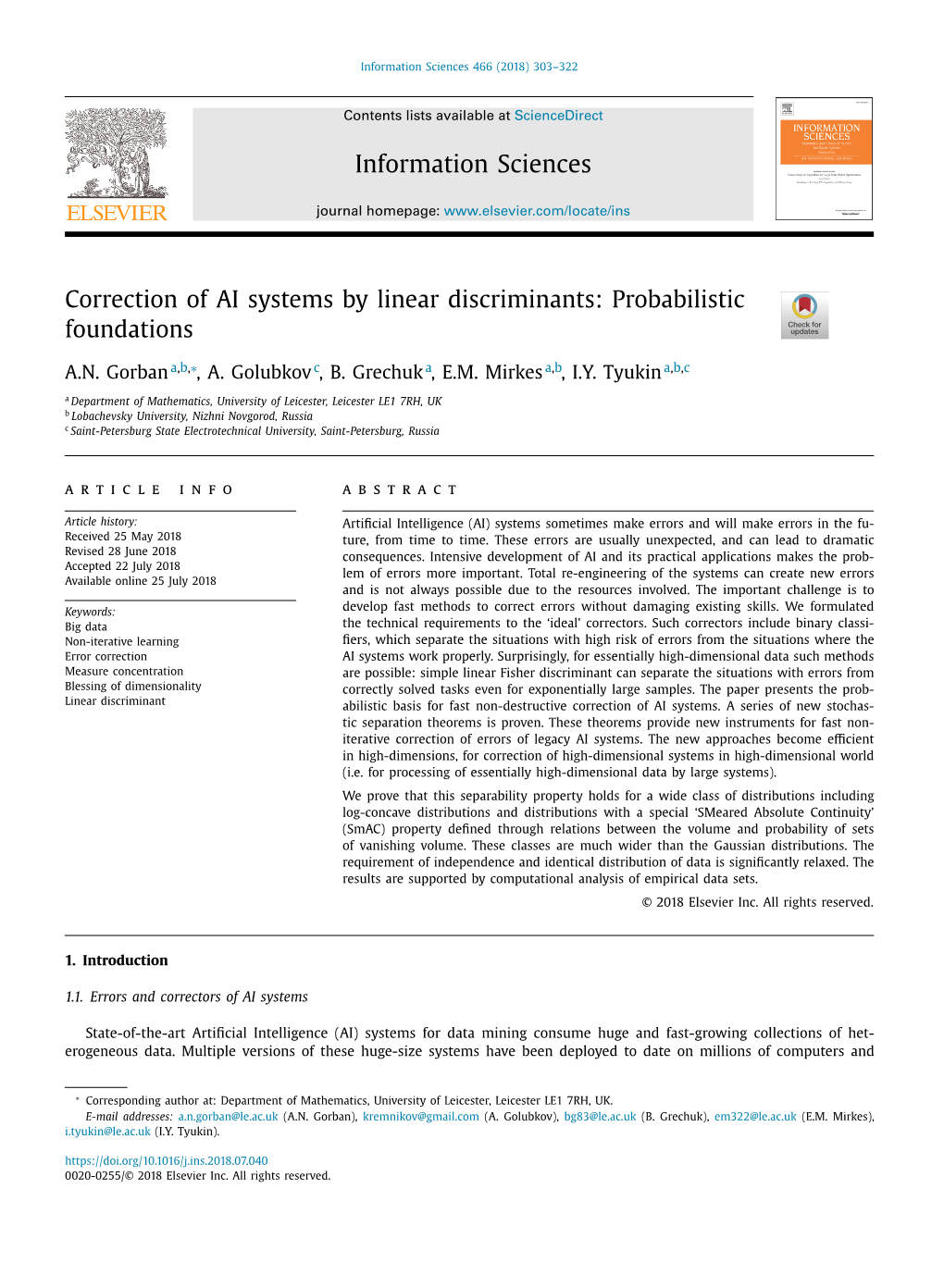 Correction of AI Systems by Linear Discriminants: Probabilistic Foundations