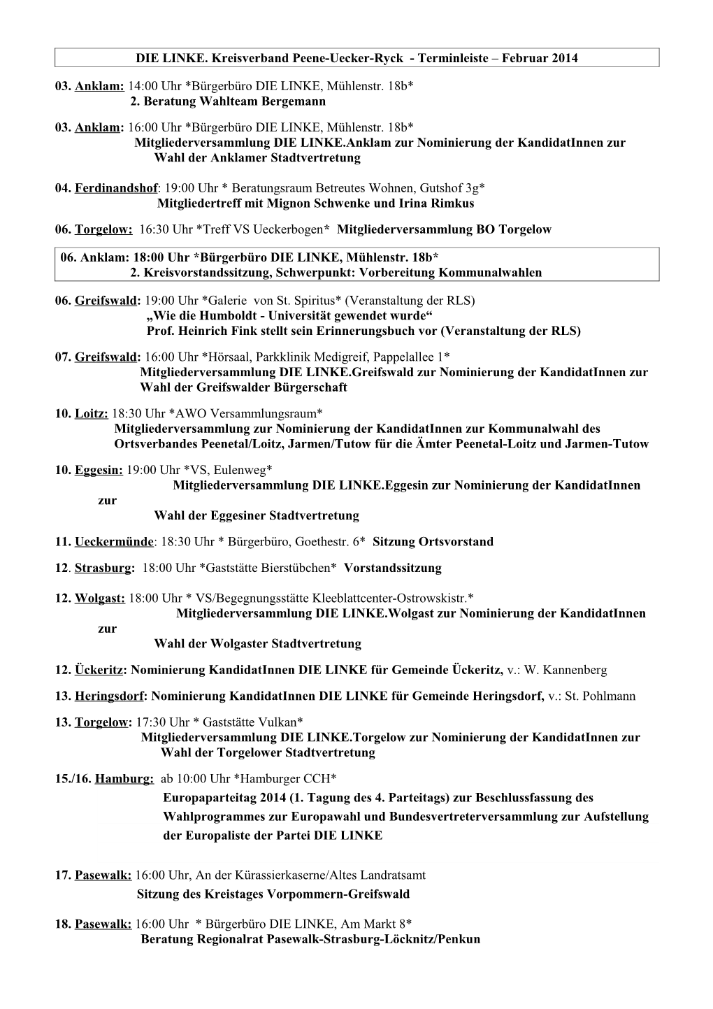 Kreisverband Peene-Uecker-Ryck * Terminleiste / Einladung * Februar