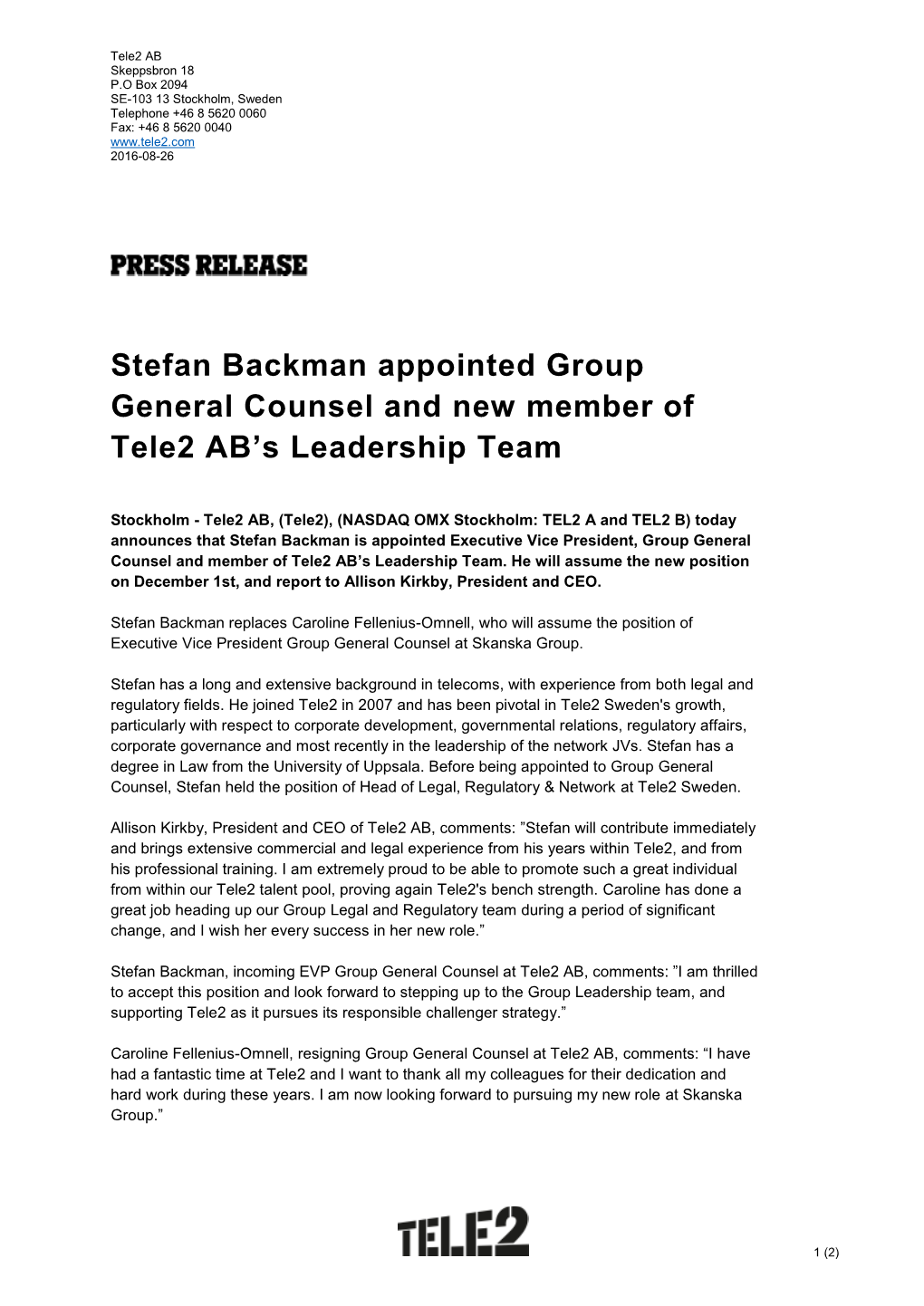 Stefan Backman Appointed Group General Counsel and New Member of Tele2 AB’S Leadership Team