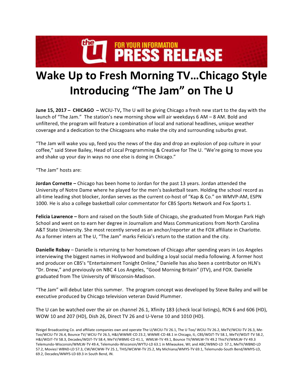 Wake up to Fresh Morning TV…Chicago Style Introducing “The Jam” on the U