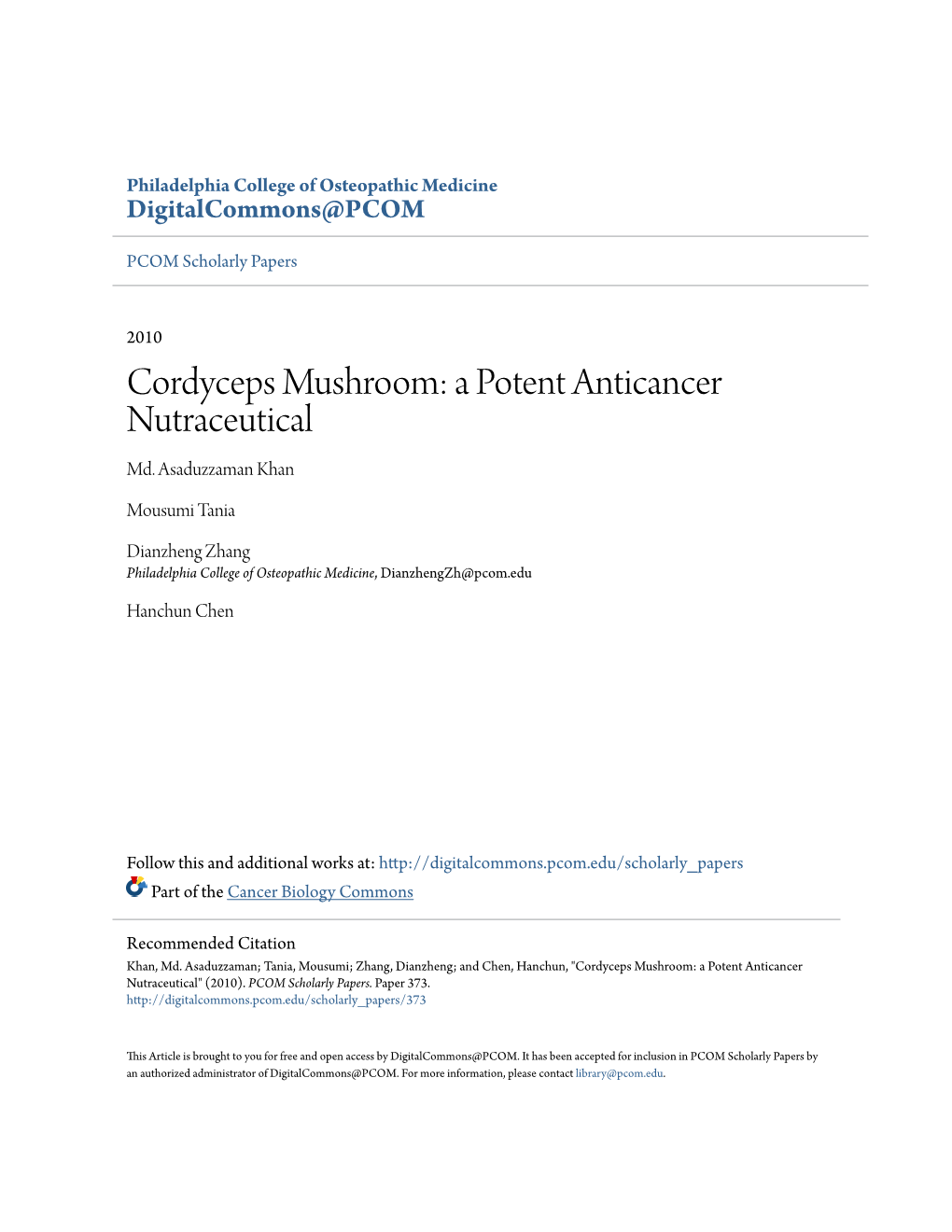 Cordyceps Mushroom: a Potent Anticancer Nutraceutical Md