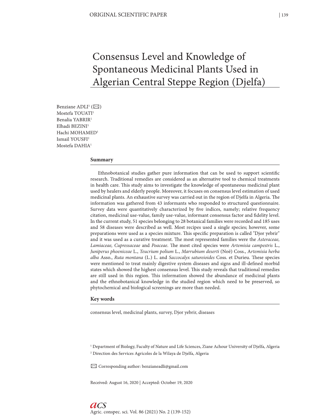 Consensus Level and Knowledge of Spontaneous Medicinal Plants Used in Algerian Central Steppe Region (Djelfa)