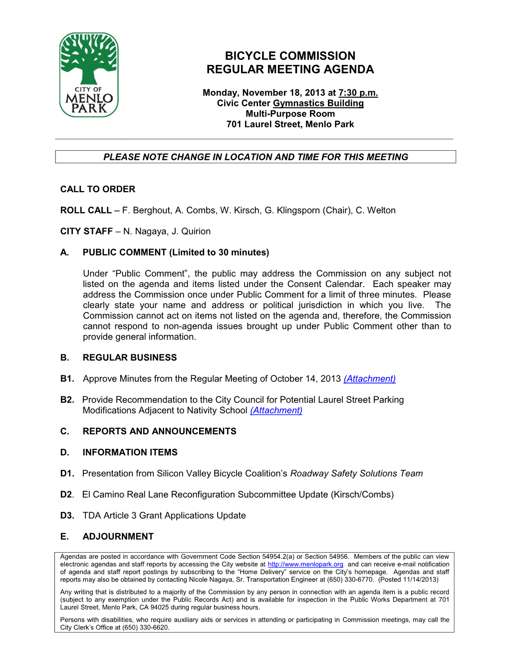 Bicycle Commission Regular Meeting Agenda