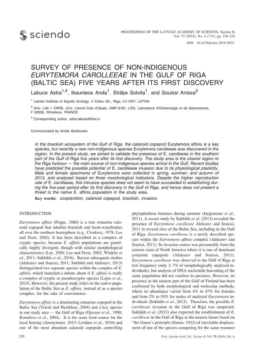 Survey of Presence of Non-Indigenous Eurytemora Carolleeae in the Gulf Of