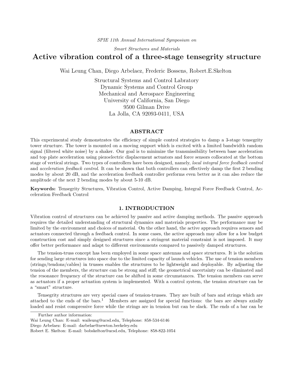 Active Vibration Control of a Three-Stage Tensegrity Structure