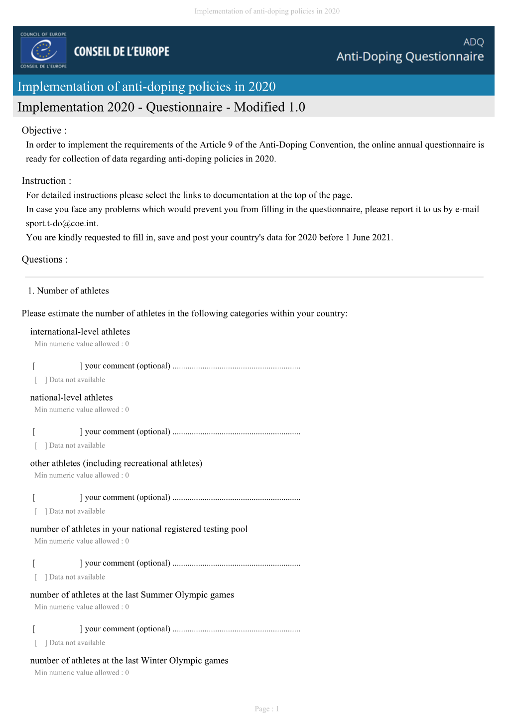 Implementation of Anti-Doping Policies in 2020 Implementation 2020 - Questionnaire - Modified 1.0