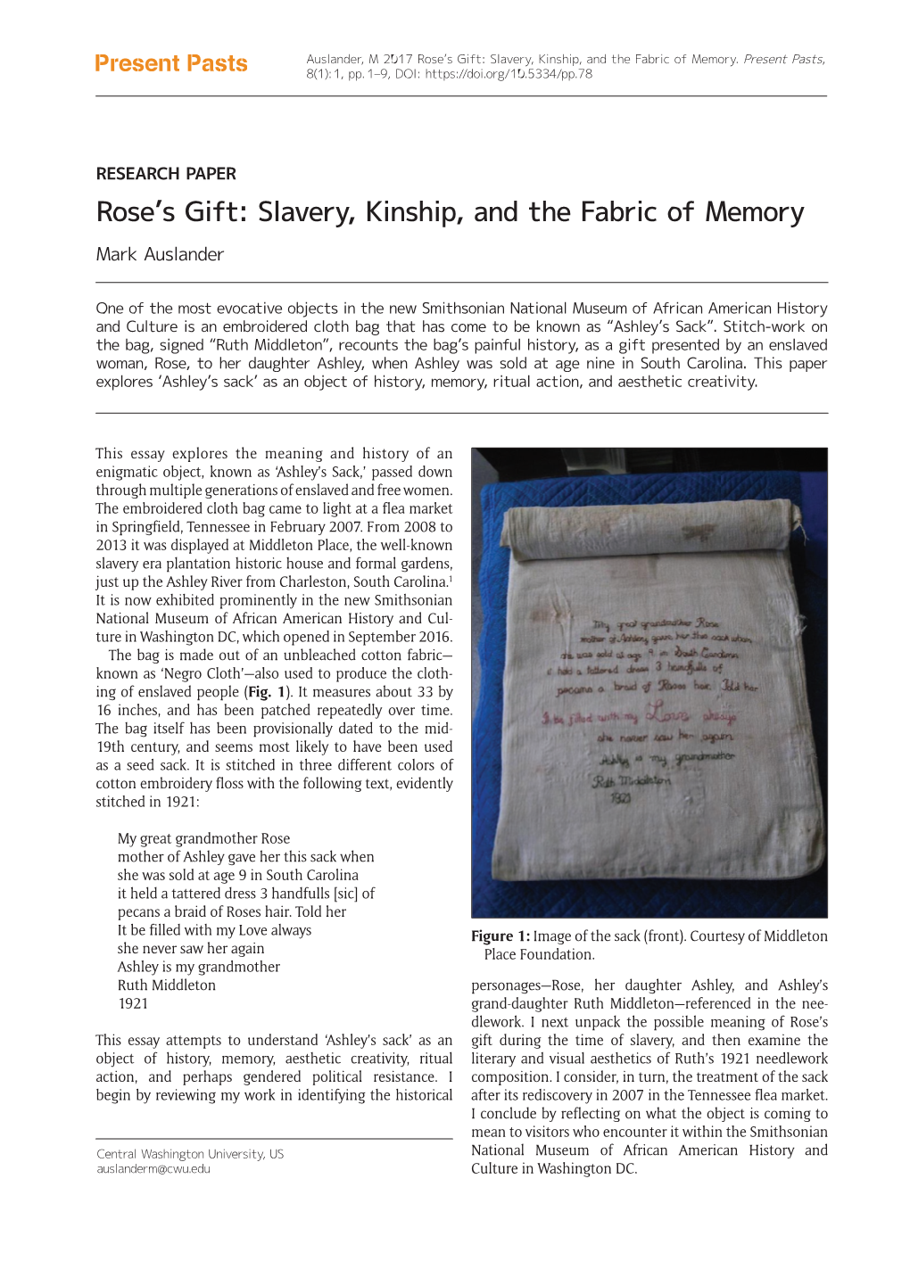 Rose's Gift: Slavery, Kinship, and the Fabric of Memory