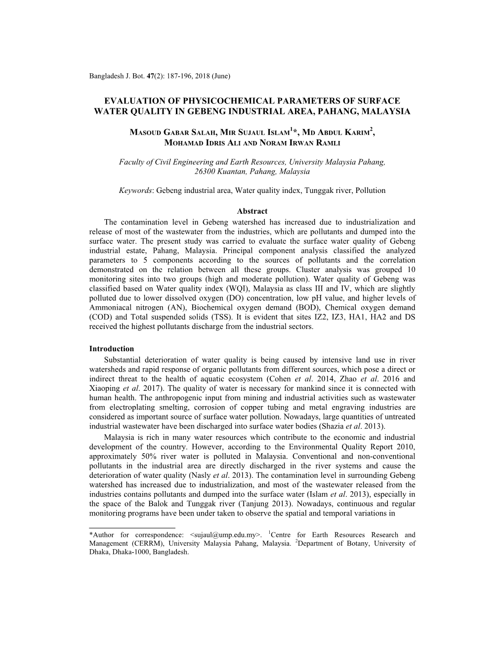 Evaluation of Physicochemical Parameters of Surface Water Quality in Gebeng Industrial Area, Pahang, Malaysia