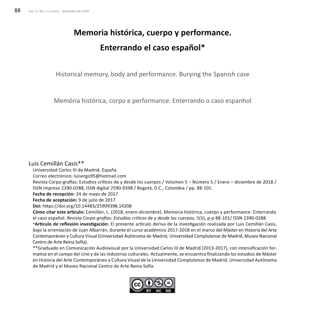 Memoria Histórica, Cuerpo Y Performance. Enterrando El Caso Español*