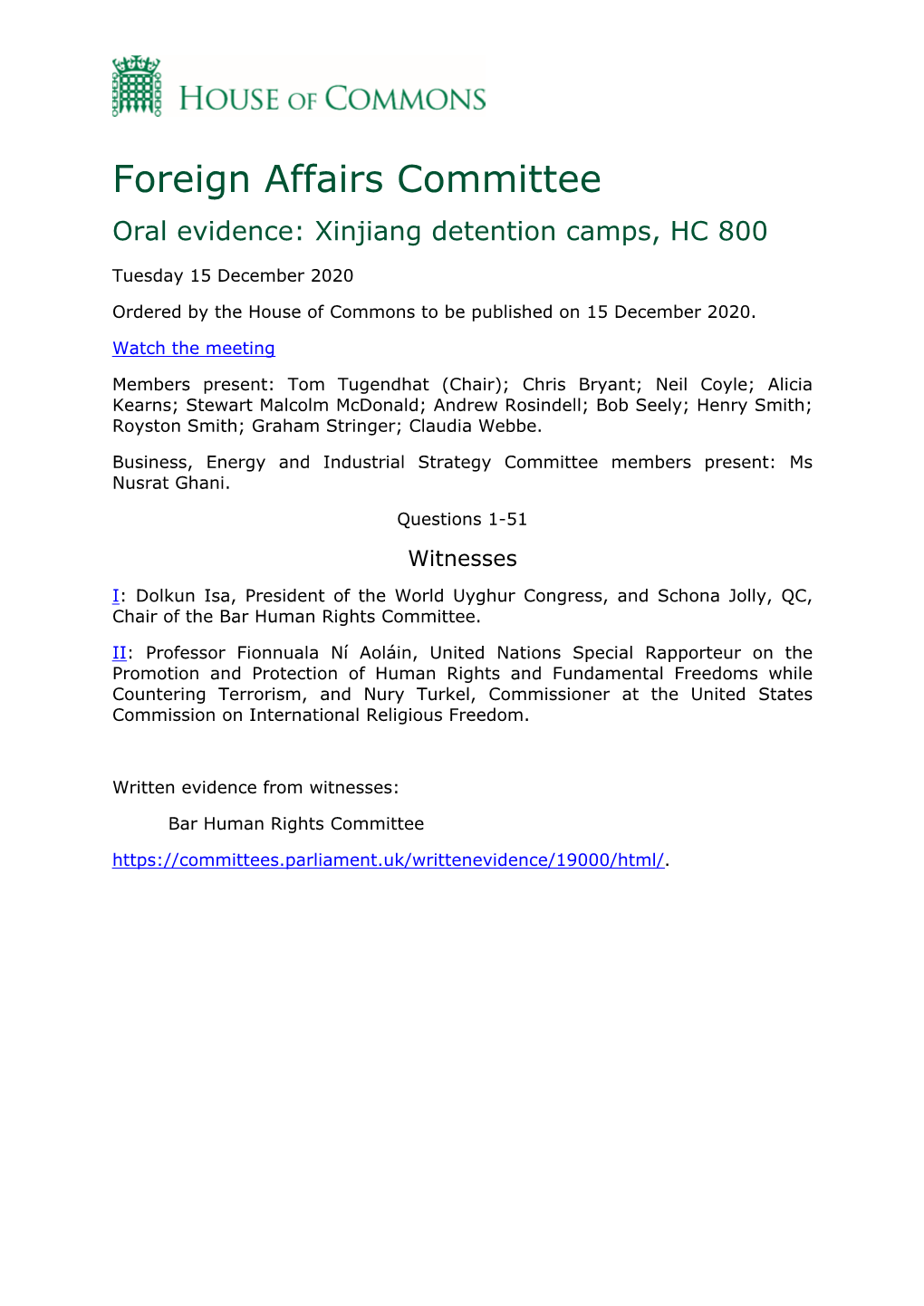 Foreign Affairs Committee Oral Evidence: Xinjiang Detention Camps, HC 800