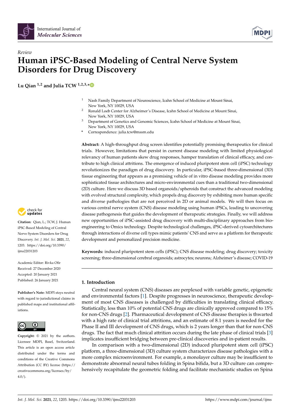 Human Ipsc-Based Modeling of Central Nerve System Disorders for Drug Discovery