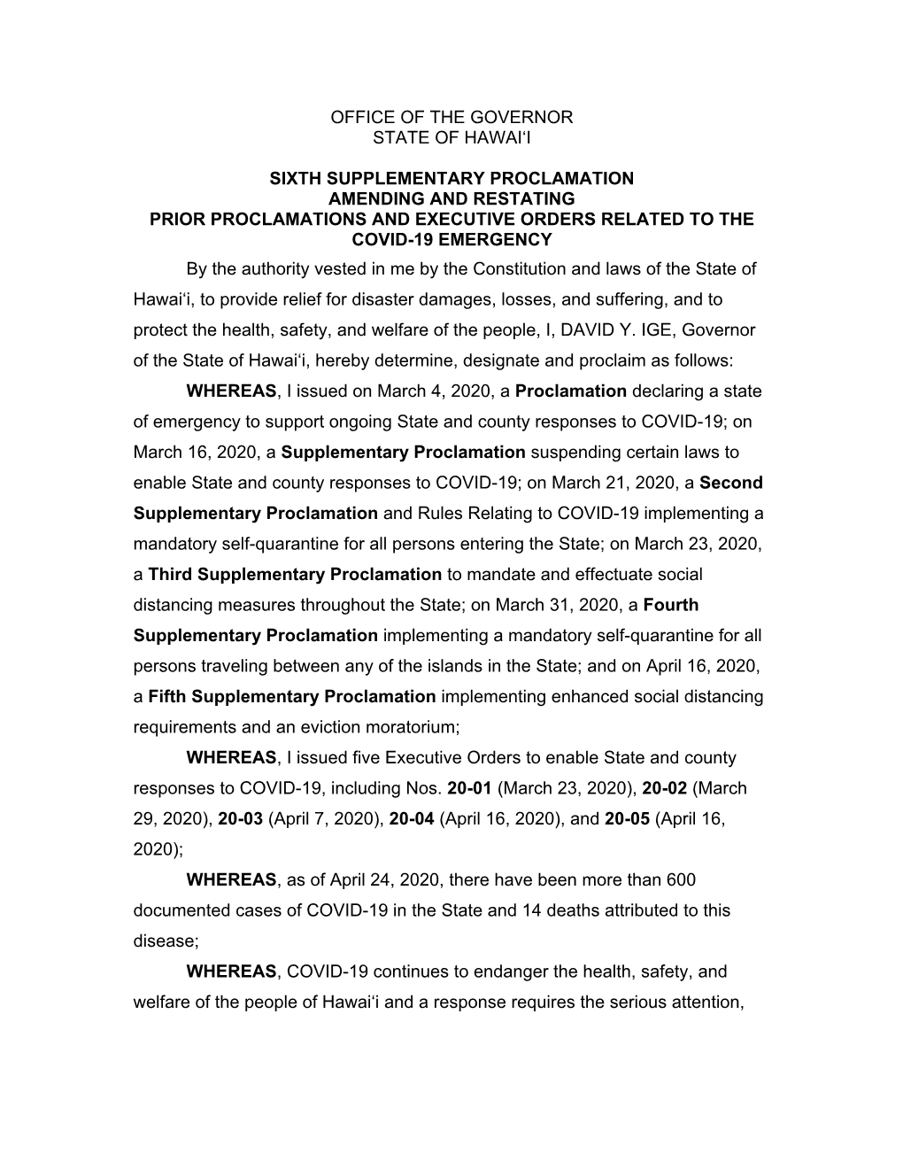 April 25, 2020—Sixth Supplementary Proclamation for COVID-19