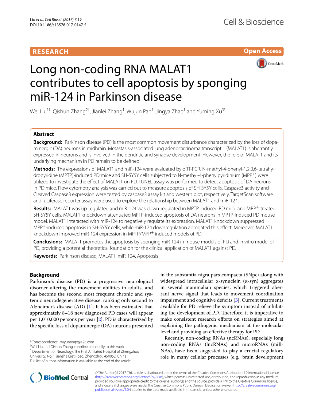 Long Non-Coding RNA MALAT1 Contributes to Cell Apoptosis by Sponging Mir-124 in Parkinson Disease
