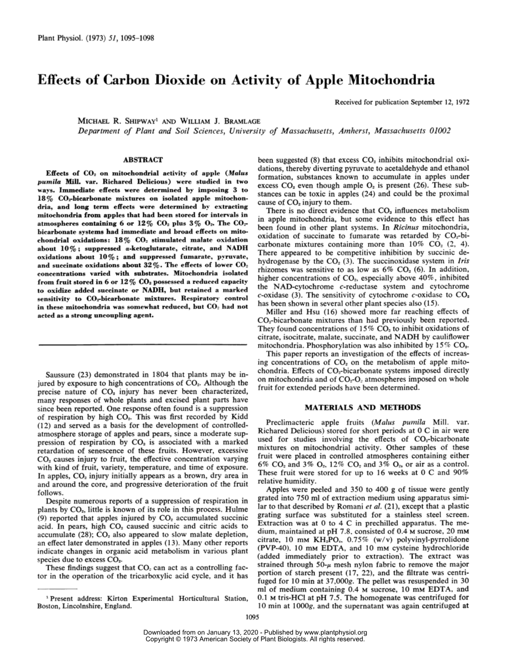 Effects of Carbon Dioxide on Activity of Apple Mitochondria