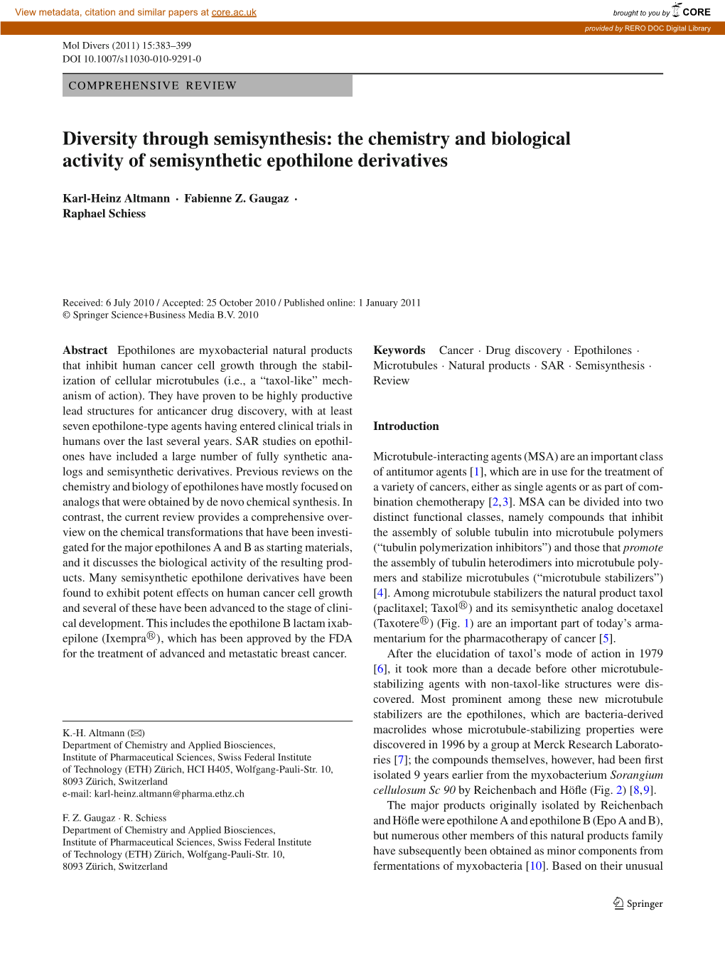 Diversity Through Semisynthesis: the Chemistry and Biological Activity of Semisynthetic Epothilone Derivatives