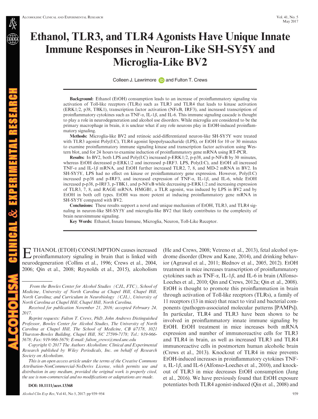 Ethanol, TLR3, and TLR4 Agonists Have Unique Innate Immune Responses in Neuron-Like SH-SY5Y and Microglia-Like BV2