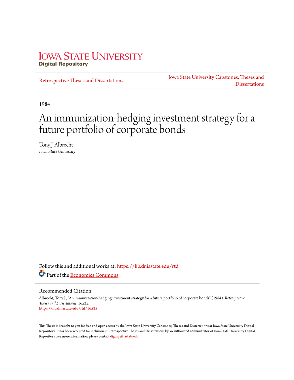 An Immunization-Hedging Investment Strategy for a Future Portfolio of Corporate Bonds Tony J