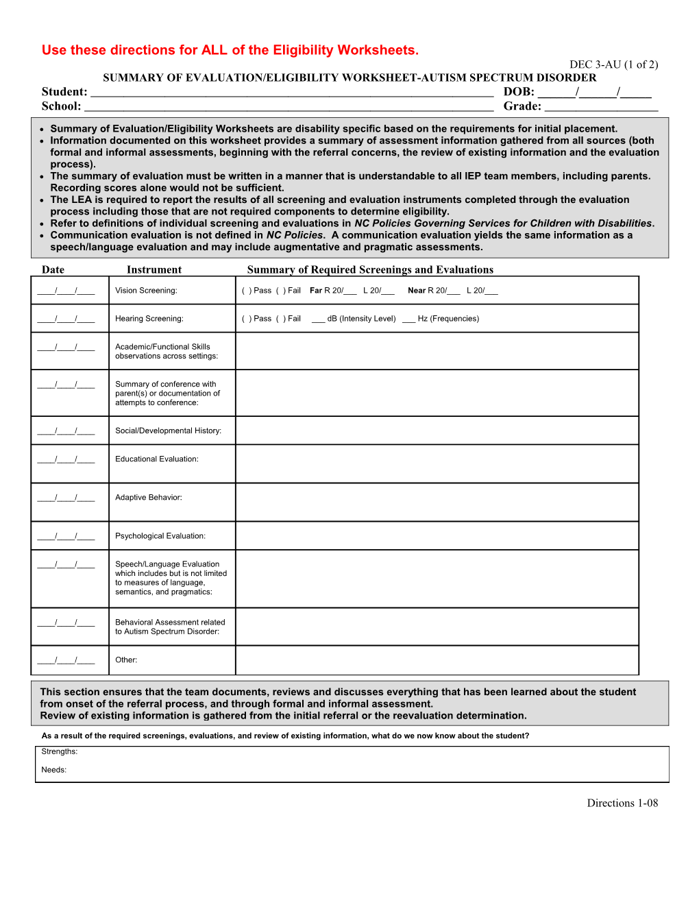 Autism Worksheet (1 of 2)