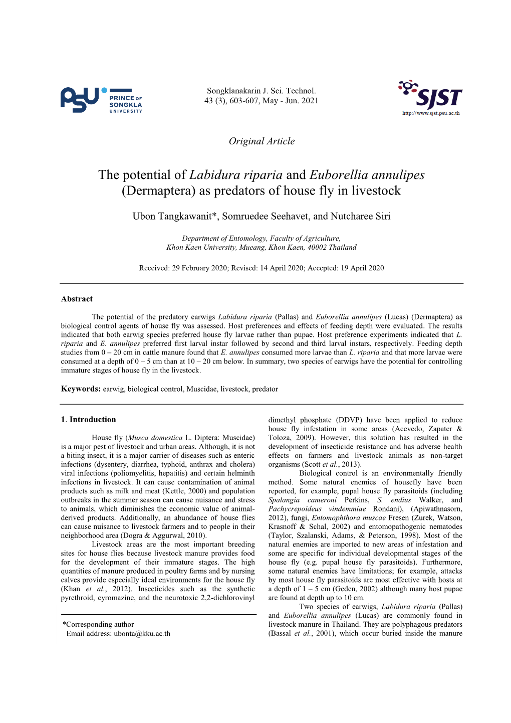 The Potential of Labidura Riparia and Euborellia Annulipes (Dermaptera) As Predators of House Fly in Livestock