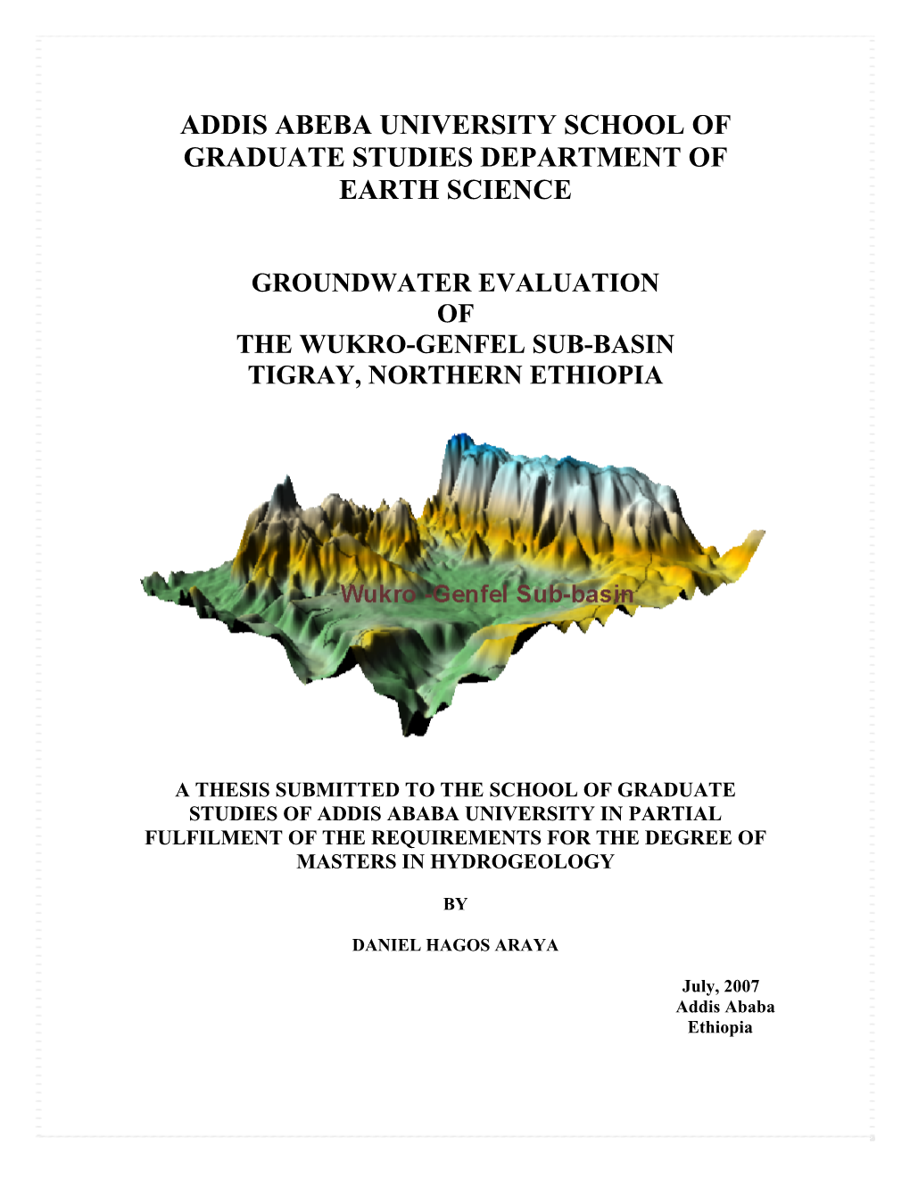 Addis Abeba University School of Graduate Studies Department of Earth Science