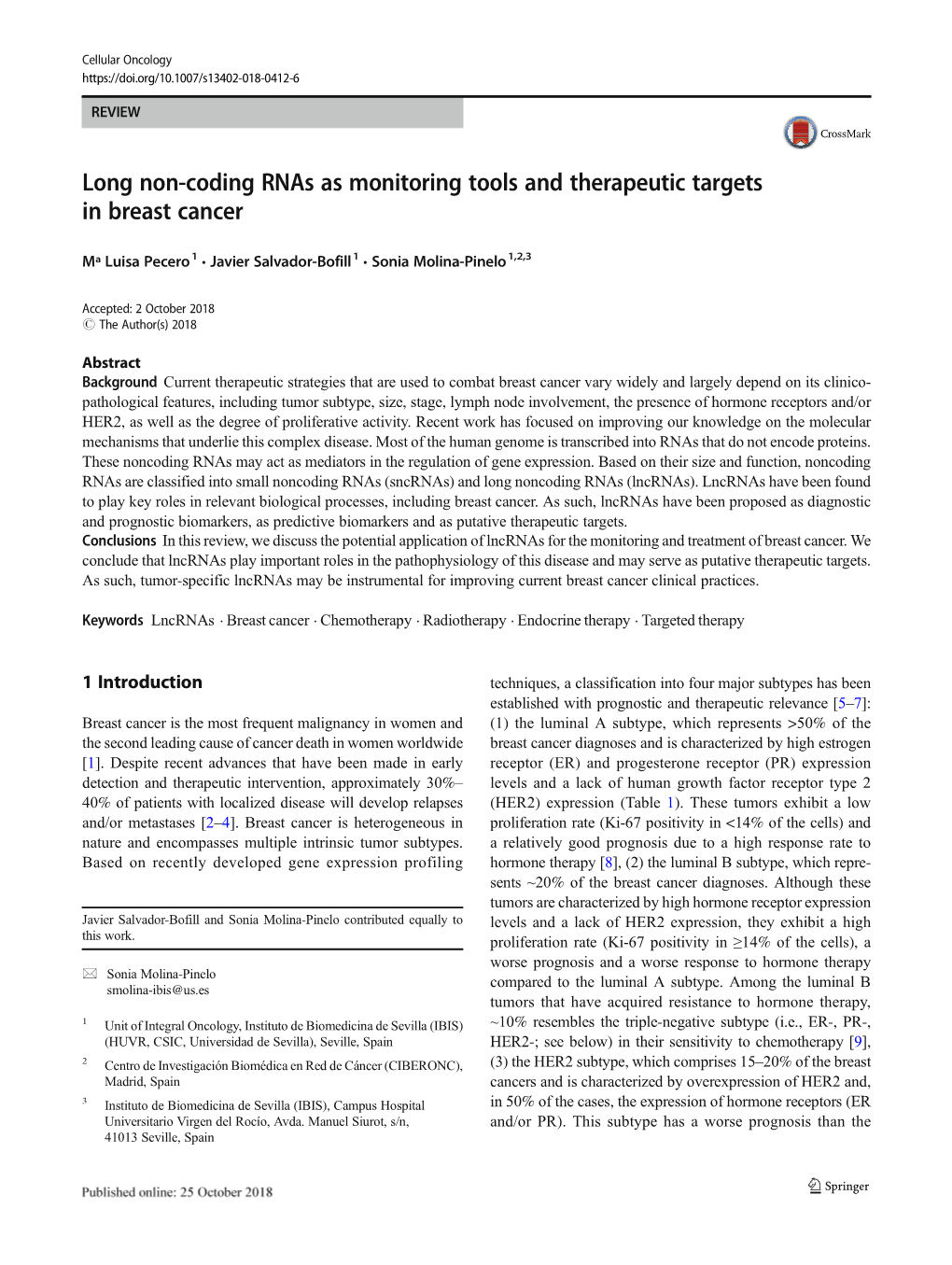 Long Non-Coding Rnas As Monitoring Tools and Therapeutic Targets in Breast Cancer