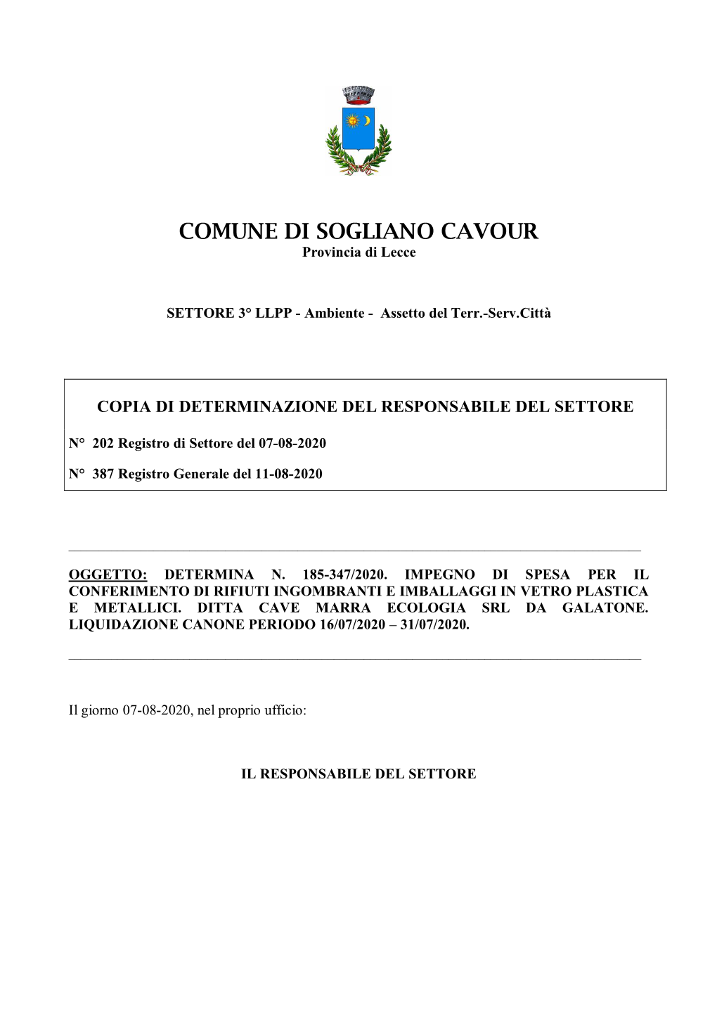 COMUNE DI SOGLIANO CAVOUR Provincia Di Lecce