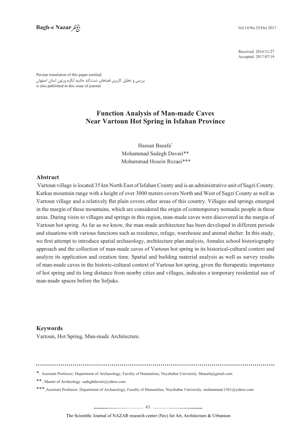 Function Analysis of Man-Made Caves Near Vartoun Hot Spring in Isfahan Province