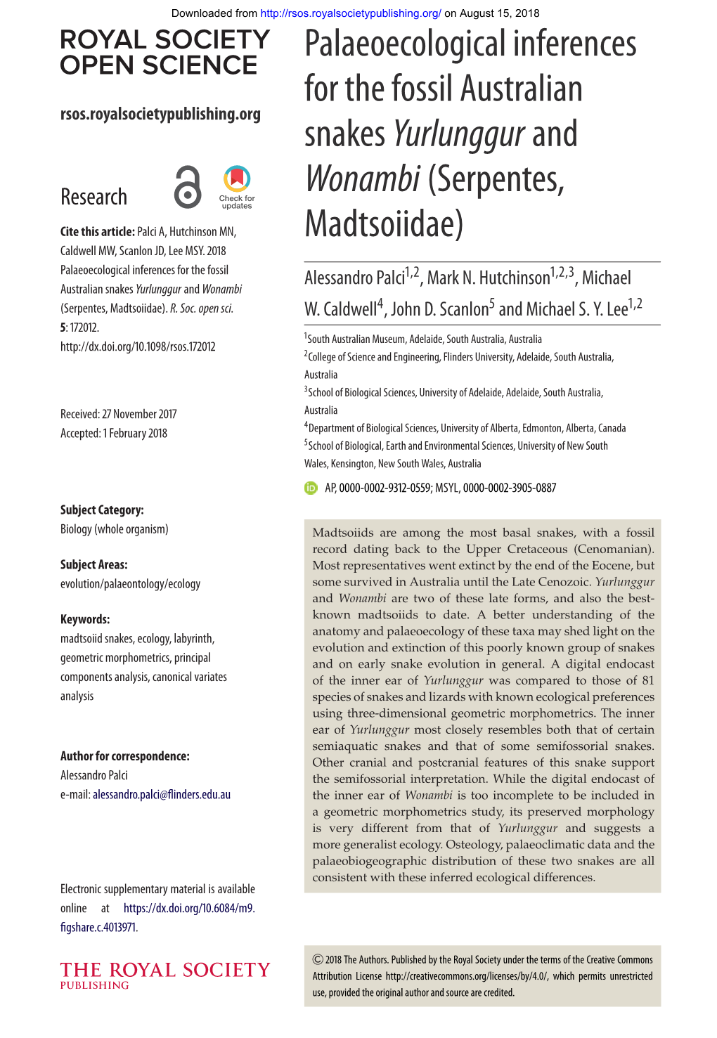 Palaeoecological Inferences for the Fossil Australian Rsos.Royalsocietypublishing.Org Snakes Yurlunggur And