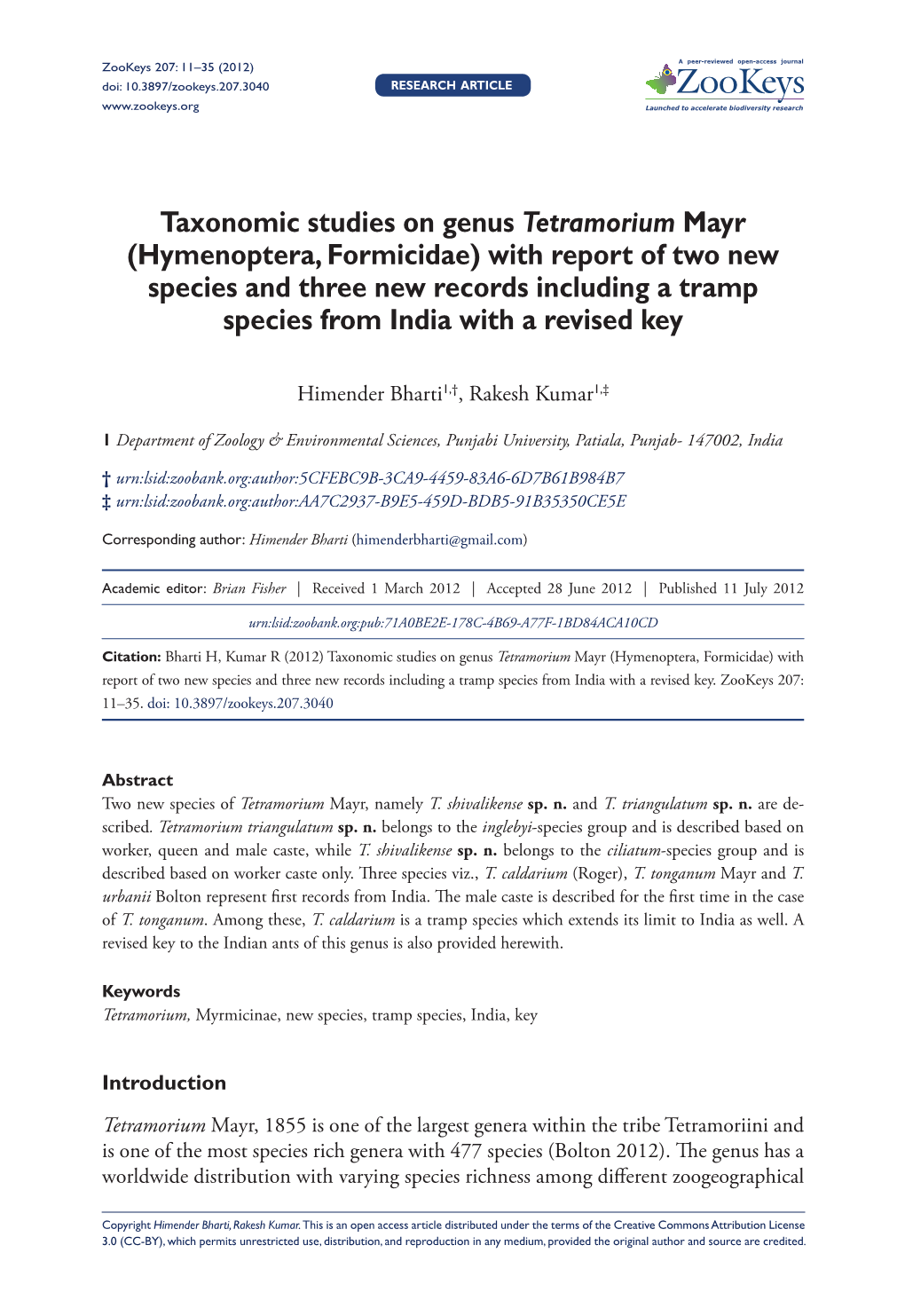 Taxonomic Studies on Genus Tetramorium Mayr