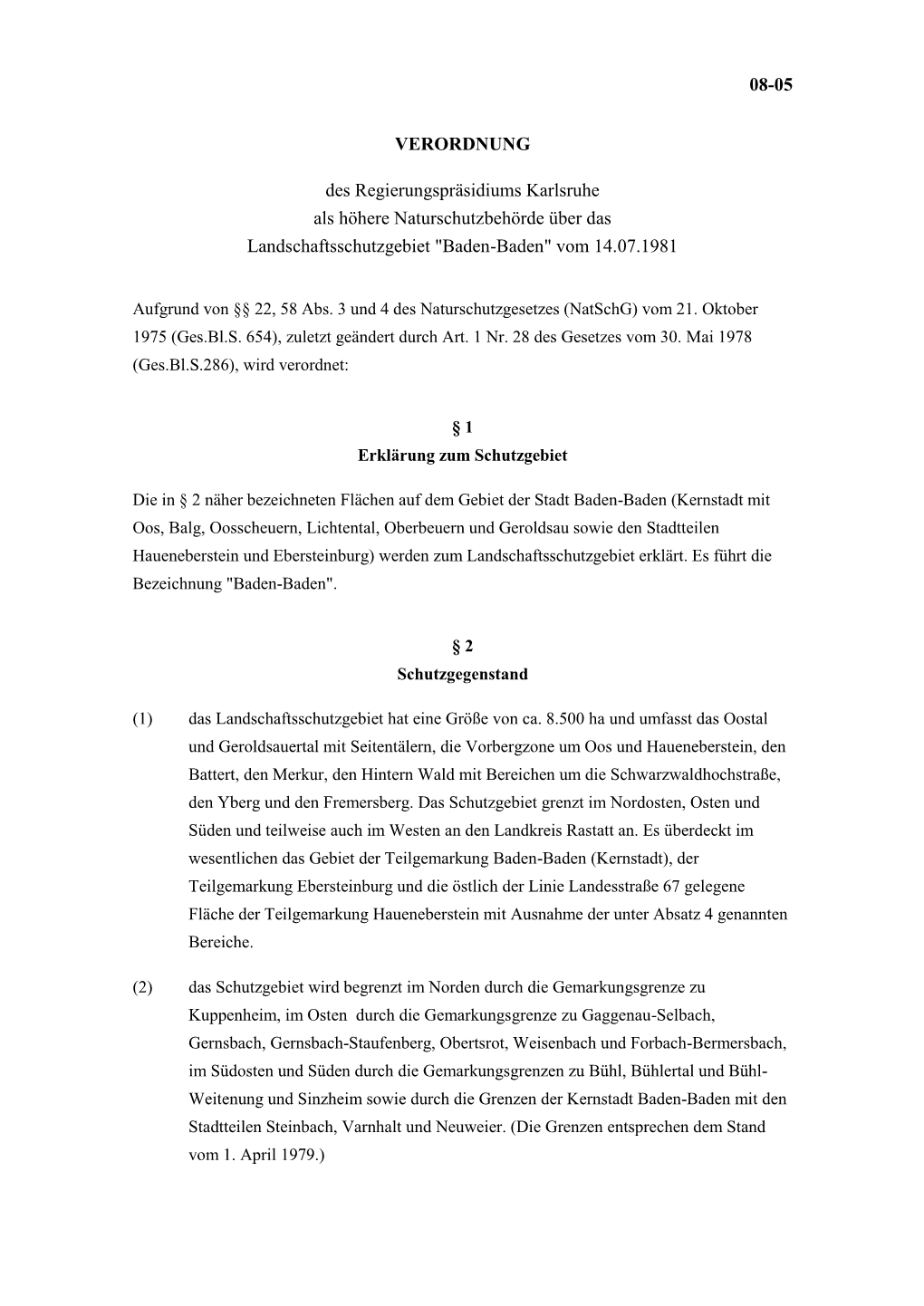 08-05 VERORDNUNG Des Regierungspräsidiums Karlsruhe Als Höhere Naturschutzbehörde Über Das Landschaftsschutzgebiet