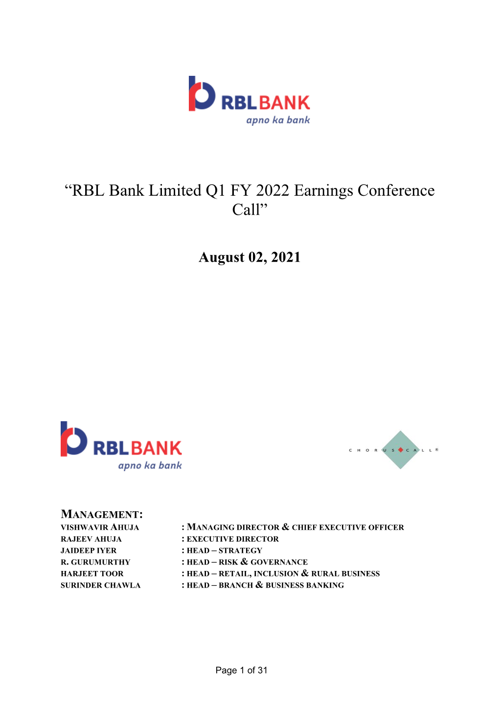 “RBL Bank Limited Q1 FY 2022 Earnings Conference Call”