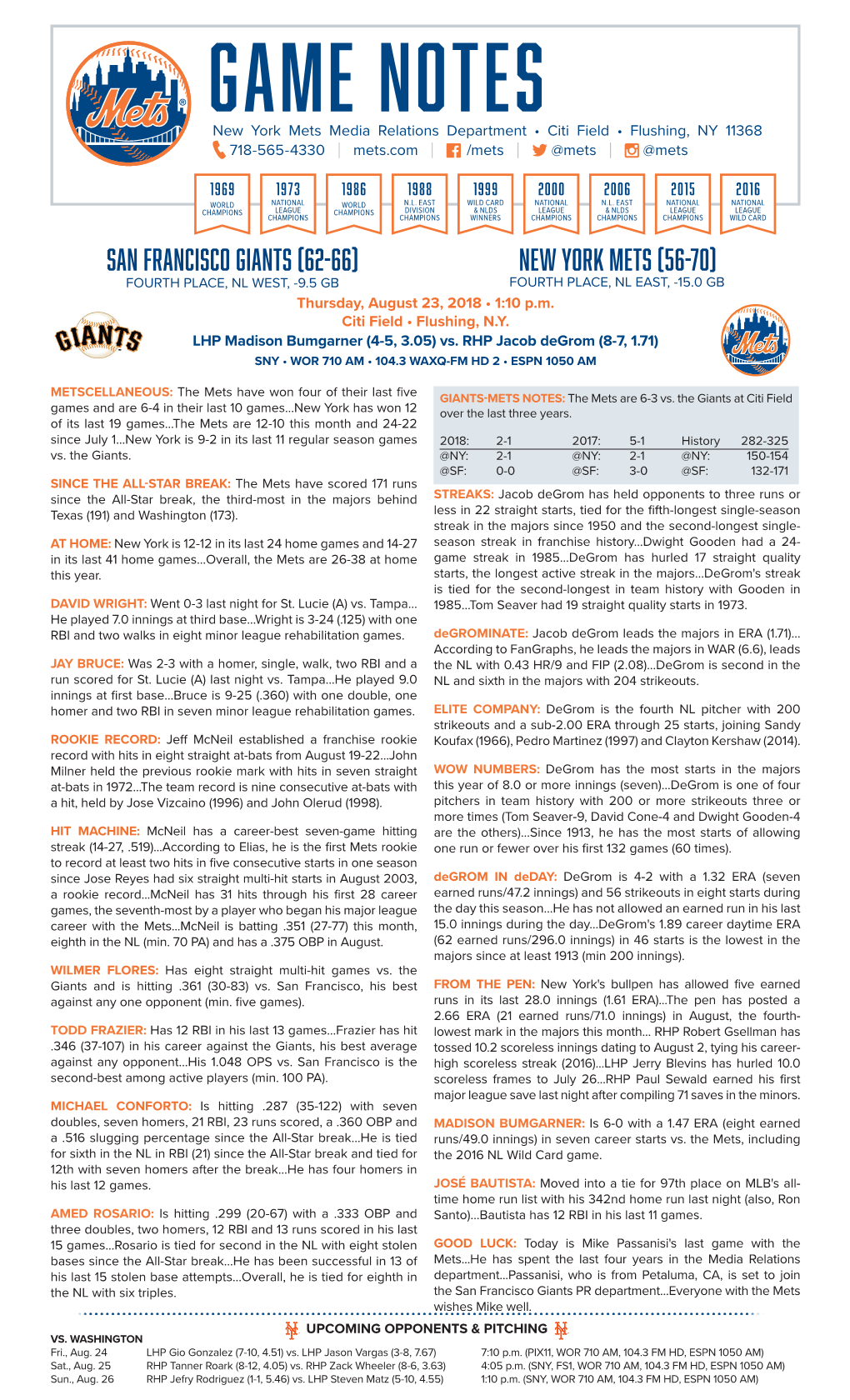 GAME NOTES New York Mets Media Relations Department • Citi Field • Flushing, NY 11368 718-565-4330 | Mets.Com | /Mets | @Mets | @Mets