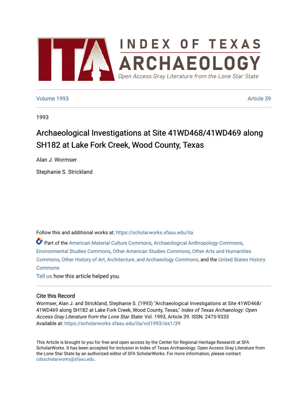 Archaeological Investigations at Site 41WD468/41WD469 Along SH182 at Lake Fork Creek, Wood County, Texas
