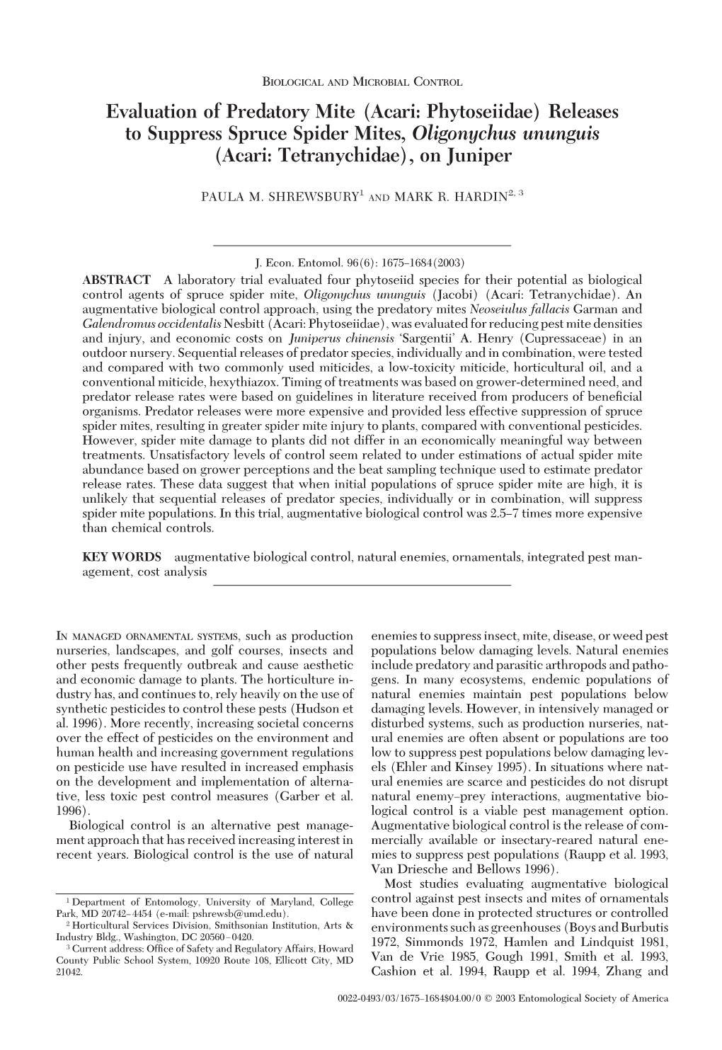 Releases to Suppress Spruce Spider Mites, Oligonychus Ununguis (Acari: Tetranychidae), on Juniper