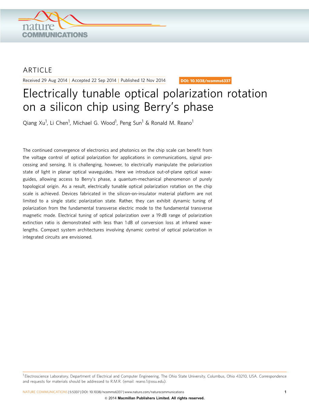 Electrically Tunable Optical Polarization Rotation on a Silicon Chip Using Berry’S Phase