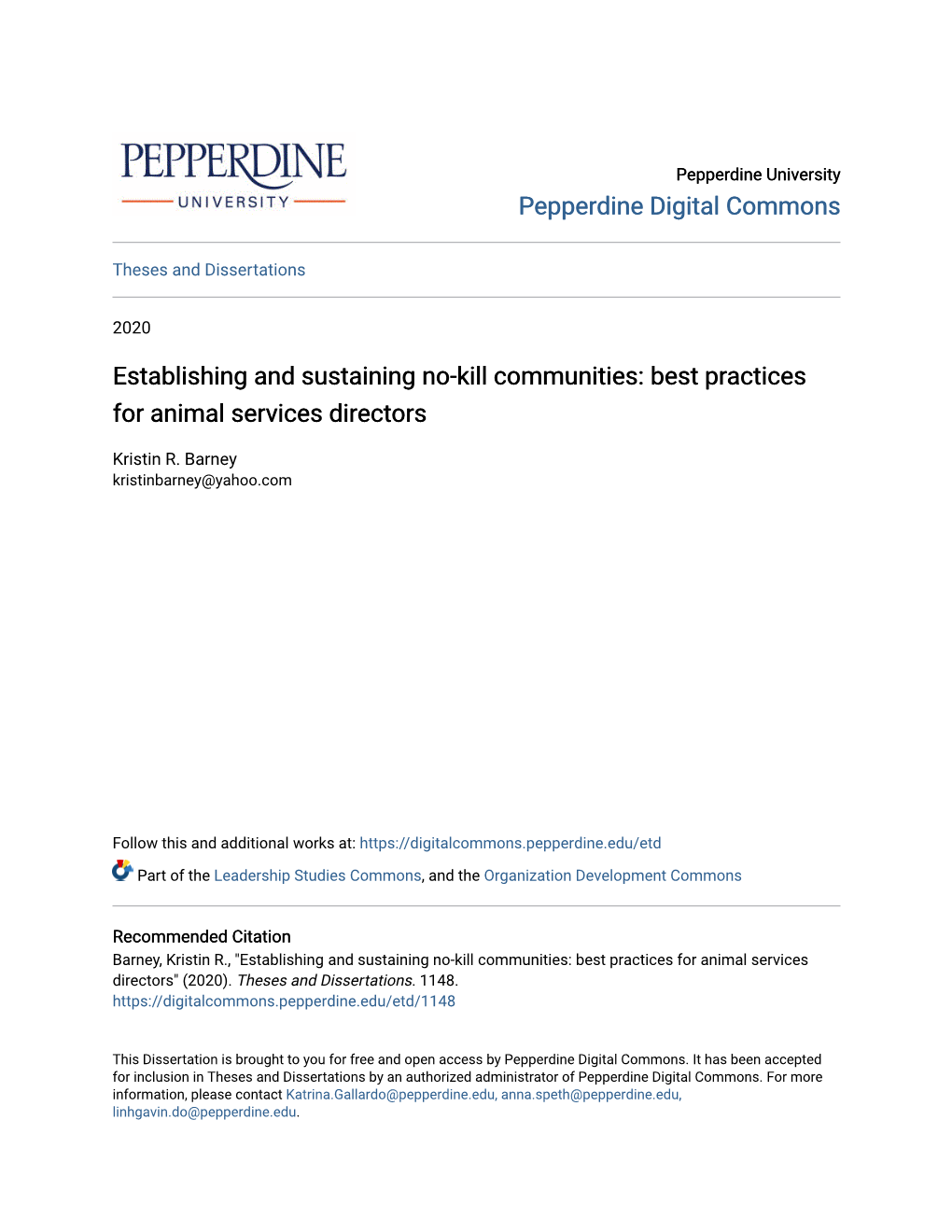 Establishing and Sustaining No-Kill Communities: Best Practices for Animal Services Directors