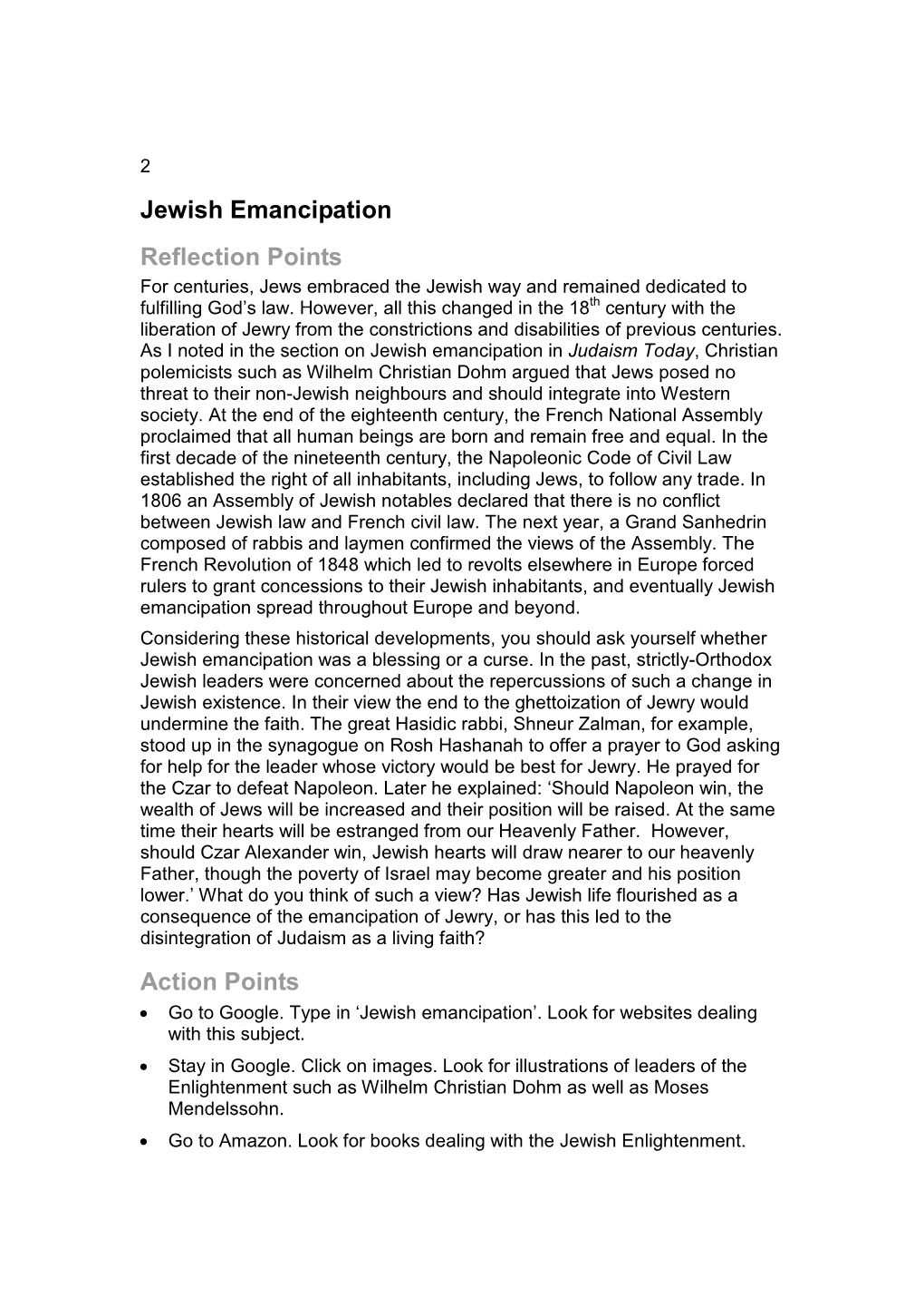 Jewish Emancipation Reflection Points Action Points