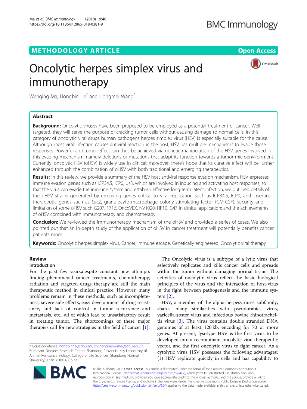 Oncolytic Herpes Simplex Virus and Immunotherapy Wenqing Ma, Hongbin He* and Hongmei Wang*